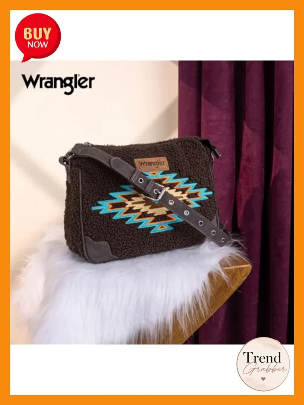 Embroidered Aztec Shoulder Bag with Faux Leather and Sherpa Trim